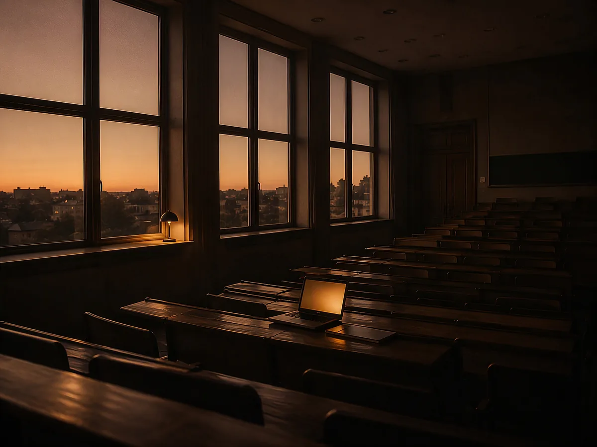 An empty lecture hall in the hour before sunrise, one laptop still open and glowing on a desk.