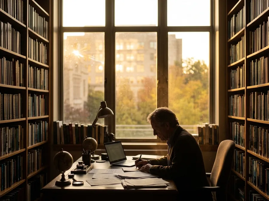 A faculty member working in a book-lined office.