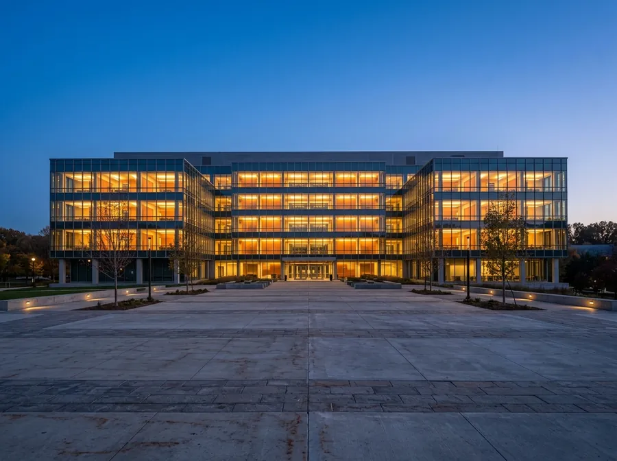 A university building lit at blue hour.