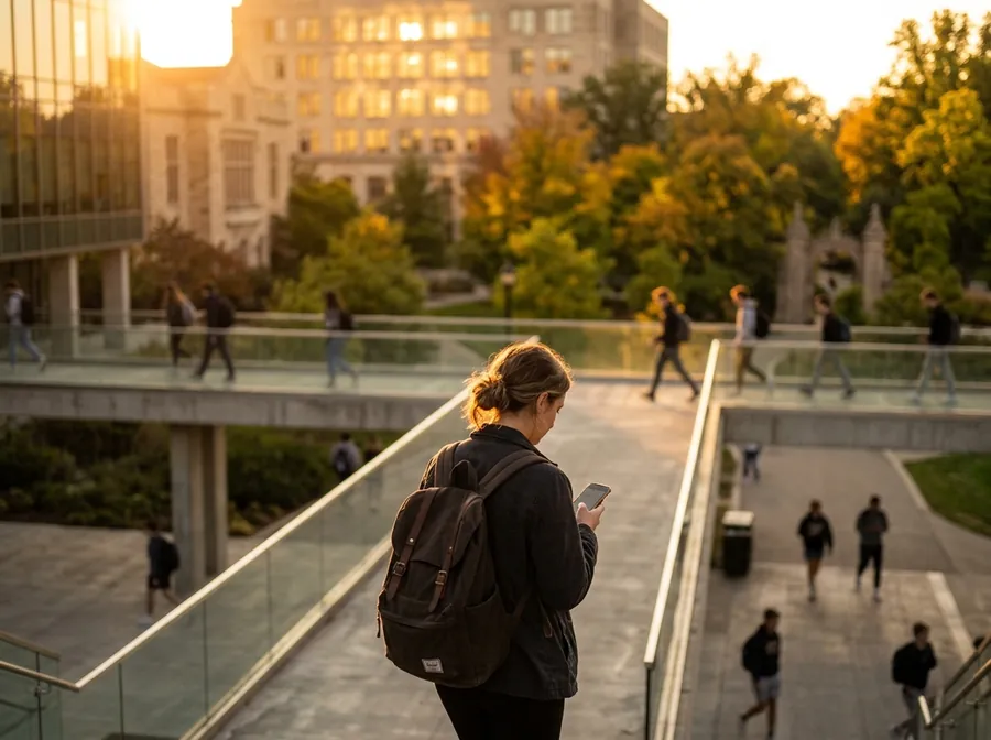 A student checking a phone on a campus bridge.