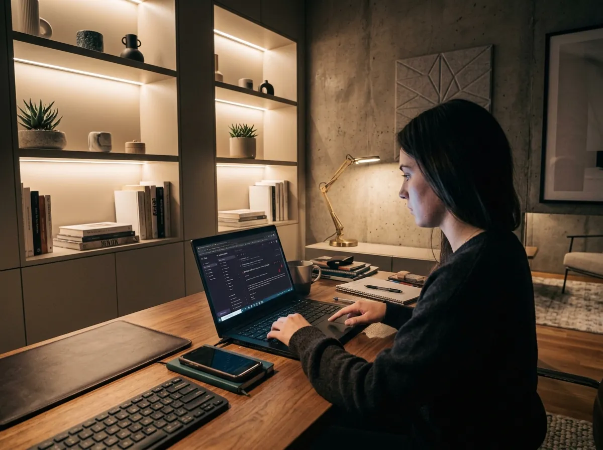 A person working late at a desk lit by a warm lamp.