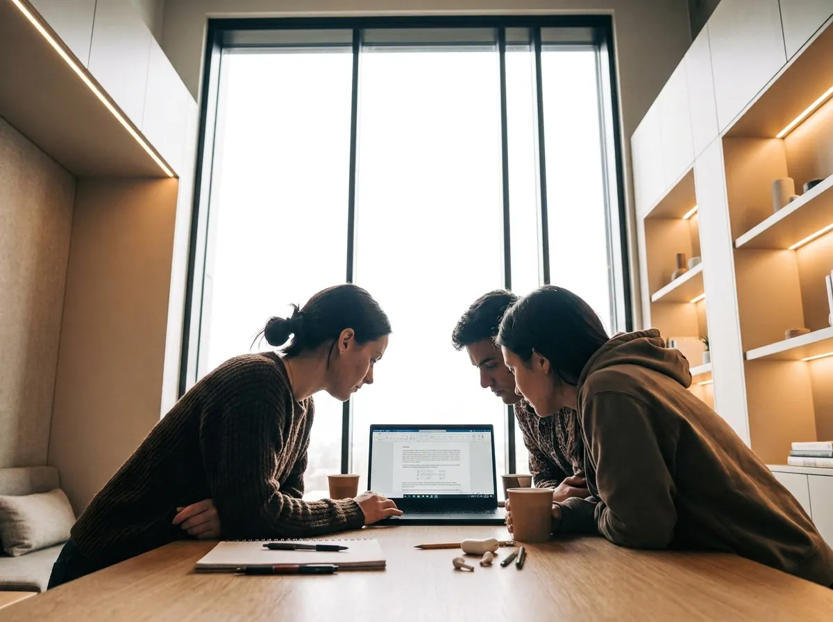Three students working together around a laptop.