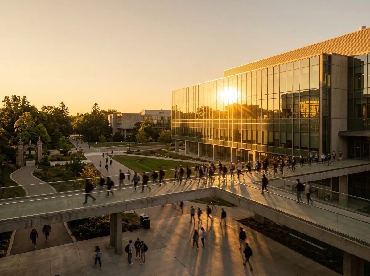 Students walking a campus path at golden hour.