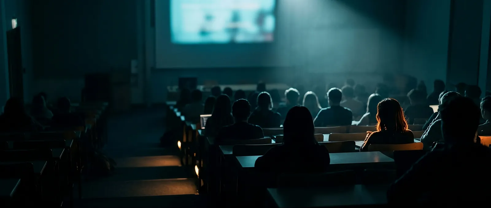 A darkened lecture theatre full of students facing a lit projection screen.