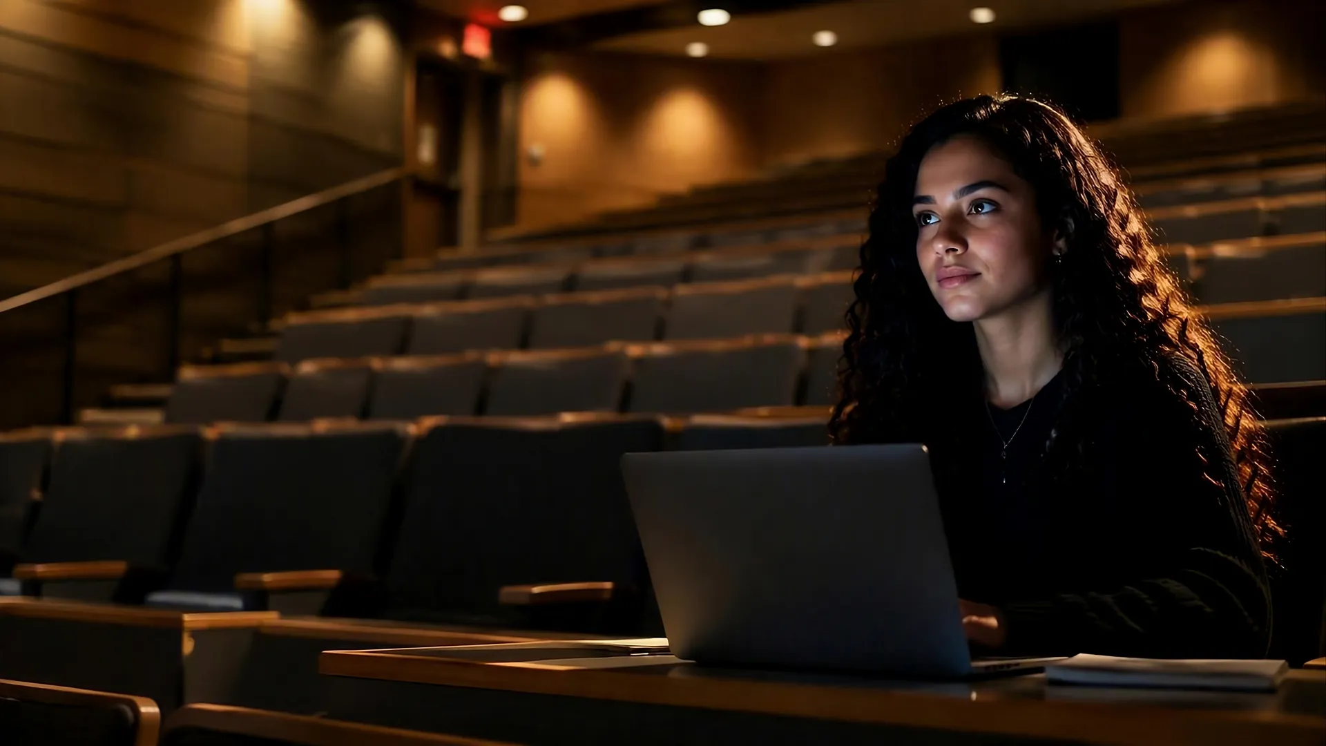 A student alone in an empty lecture theatre at night, lit by her laptop, looking up and away.